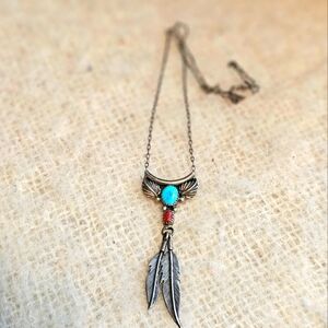 Vintage Sterling Turquoise Coral Feather Necklace